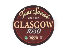 ToneSpeak Glasgow 1050 logo featuring a 50W 8 ohm specification, assembled in the USA by MISCO.