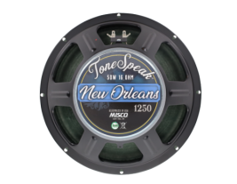 Front view of the 12-inch ToneSpeak New Orleans 1250 speaker featuring the model and specifications label on the classic black and blue badge.