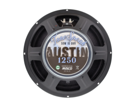 The front view of the ToneSpeak Austin 1250 speaker with model badge emphasizes the vintage American aesthetic.