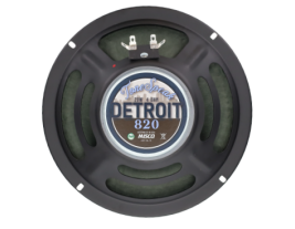Front view of the ToneSpeak Detroit 820 8-inch guitar speaker with a USA-made hemp cone prominently displayed.
