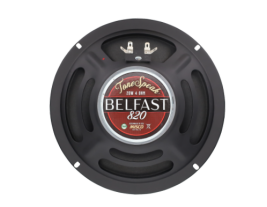 Front view of the ToneSpeak Belfast 820 speaker featuring the bold Belfast 820 label and dual connection terminals.