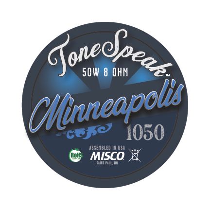 ToneSpeak Minneapolis 1050 speaker emblem showcasing 50W 8 ohm specifications with a tribute to Minneapolis’s musical legacy.