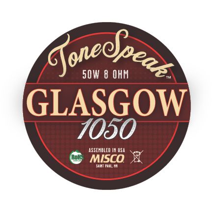 ToneSpeak Glasgow 1050 logo featuring a 50W 8 ohm specification, assembled in the USA by MISCO.